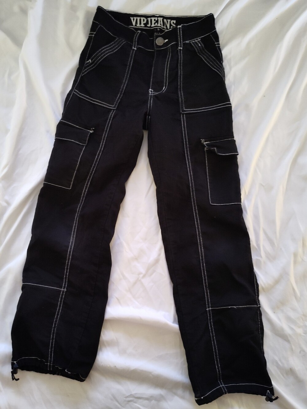 VIP Jeans Women's Black Wide Leg Cargo Pants Flat Front White Stitch